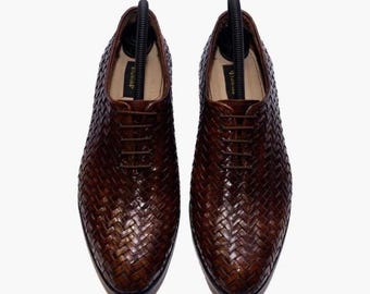 Handmade Woven Leather Oxford Shoes: Men's lace-up Dress Shoes