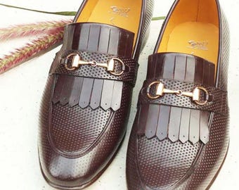 Handgemaakte bruine leren loafers met kwastjes voor heren | Luxe instapschoenen met franje