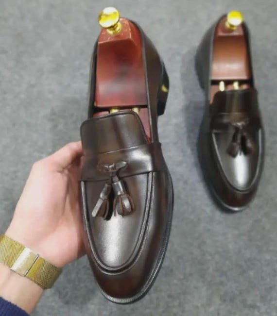 Handmade Brown Leather Tassel Loafers for Men | Classic Formal Dress Shoes