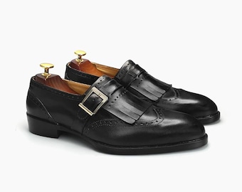Handmade black leather wingtip monk shoes, fringe detail, business casual