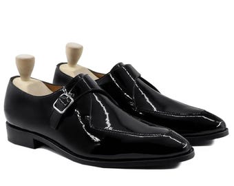 Black Patent Leather Monk Strap Shoes Men Formal Wedding Dress Shoes