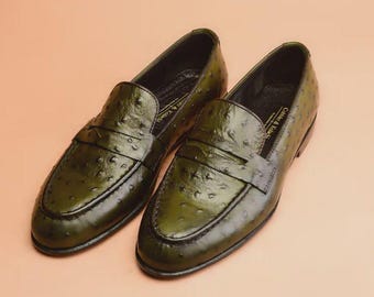 Handmade Green Ostr Leather Loafers: Men's Luxury Slip-On Shoes