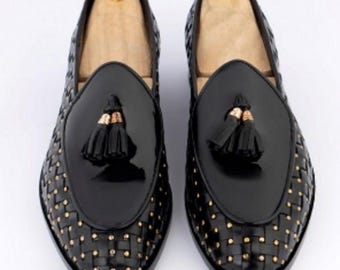 Handmade Black Patent Tassel Loafers for Men – Woven Studded Design Slip-Ons