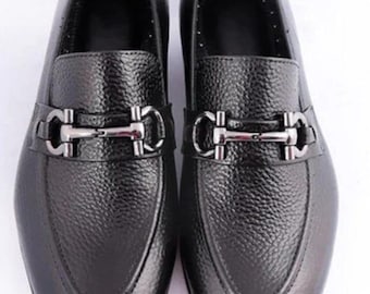 Men’s Black Leather Loafers with Metal Buckle – Formal Dress Shoes, Handmade Italian Style