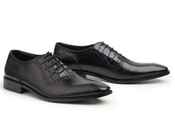 Herren handgefertigter schwarzer Leder Oxford Brogue Schuh | Croc geprägte Flügelspitze Kleid Schuhe