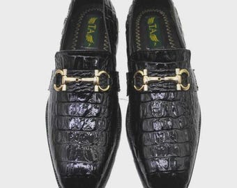 Handmade Men’s Black Crocodile Embossed Leather Loafers –Elegant Penny Loafers