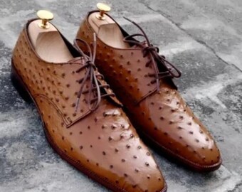 Handmade Brown Ostr Leather Oxfords: Men's Cap Toe Dress Shoes