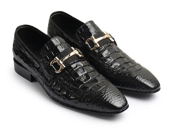 Horbit en cuir texturé crocodile noir fait main ! Chaussures habillées de luxe sans lacets pour hommes