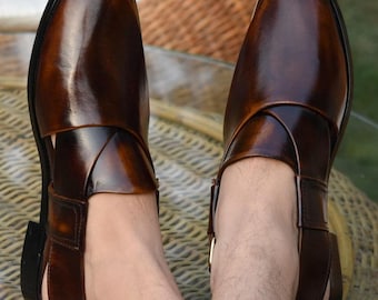 Men’s Handmade Brown Leather Peshawari Chappal – Traditional Sandal Shoes for Weddings & Eid