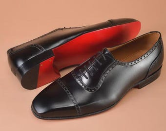 Cris Loub Men's Handmade Black Leather Oxford Shoes Red Sole Office Dress Shoes