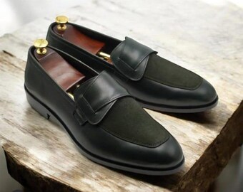 Handmade Full-Grain Leather Loafers, Men's Black Suede Dress Shoes, Gift for Him
