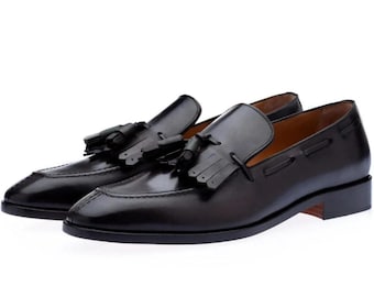 Men’s Handmaade Leather Tassel Loafers | Black Slip-On Dress Shoes