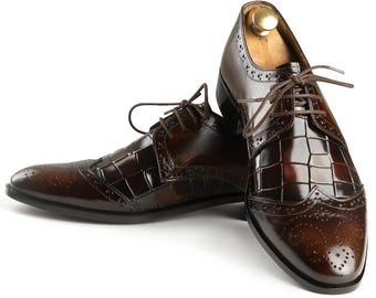 Handmade Brown Croco Leather Oxford Shoes | Luxury Wingtip Lace-Up Dress Shoes