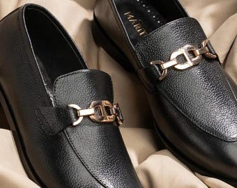 mens black dress shoes with gold buckle The Imperial Black & Gold Leather Men Dress Shoe – Vinci Leather Shoes main image 0