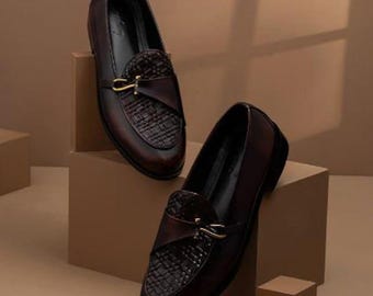 Handmade Brown Genuine Leather Slip-On Loafers for Men | Formal Dress Shoes