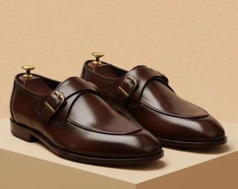 Zapatos formales de hombre tipo monk strap hechos a mano, de cuero marrón, calzado para bodas, estilo clásico de vestir.