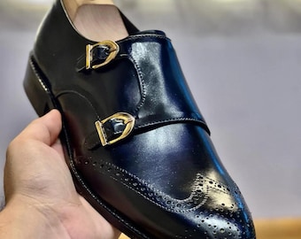 Handmade Black Leather Monk Strap Shoes  Wingtip Brogues business shoes