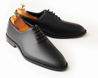 Handmade  Mens Black Leather Oxford Classic Formal Lace-Up Dress Shoes