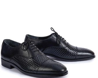 Handmade Black Leather Oxford Shoes: Woven Cap Toe Dress Shoes
