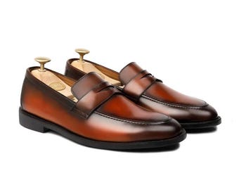 Men’s leather penny loafers, handmade dress slip-ons, multiple colors