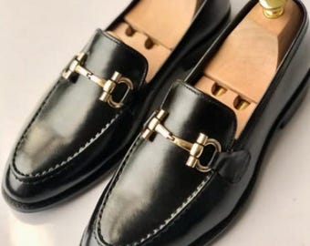 Men's Black Leather Dress Loafers, Moc Toe Slip-On, Formal Office Wedding Shoes