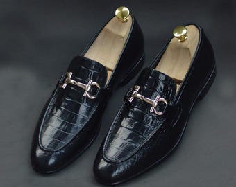 Handmade Black Alligat Textured Leather Loafers for Men - Genuine Leather Slip-On Dress Shoes