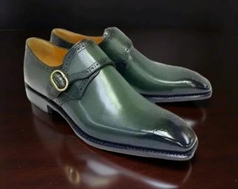 Handmade Men’s Green Leather Monk Strap Shoes – Formal Office Dress Shoes