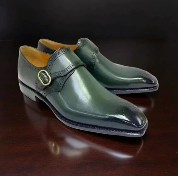 Handmade Men’s Green Leather Monk Strap Shoes – Formal Office Dress Shoes