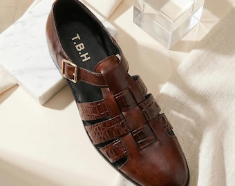 Handmade Mens  Italian Leather Fisherman Sandals, Genuine Leather, Bespoke Footwear