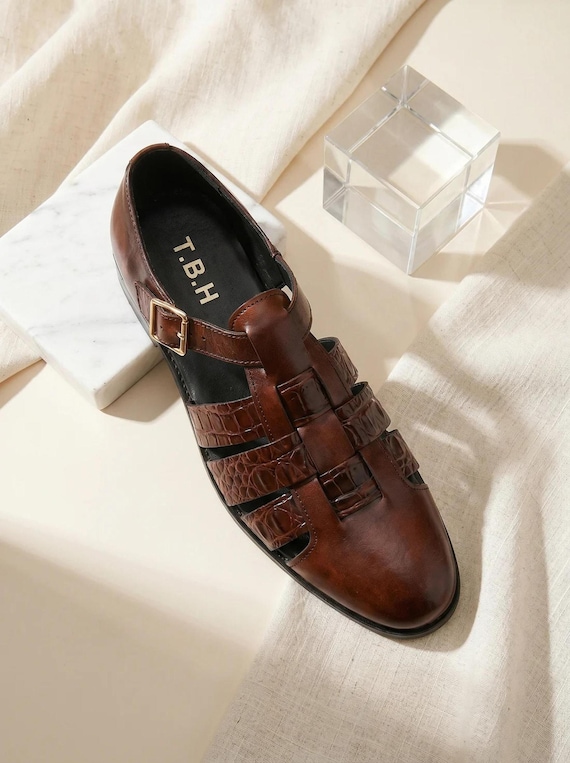 Handmade Mens  Italian Leather Fisherman Sandals, Genuine Leather, Bespoke Footwear