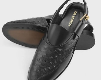 Handgemaakte zwartleren Peshawari Chappal heren – traditionele sandaalschoenen