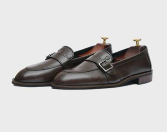 Handmade Men’s Brown Leather Single Monk Strap Shoes – Business Formal Footwear