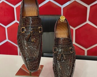 Handmade Brown Croco Leather Moccasins, Men's Formal Footwear, Textured Dress Loafers