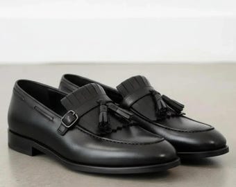 Men’s black leather tassel loafers, black formal shoes