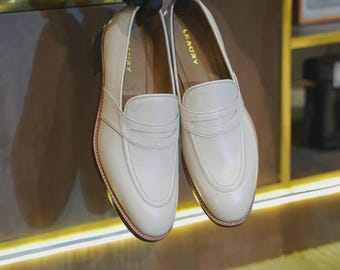 Handmade Mens White Suede Leather Loafers for Men – Classic Formal Slip-On Dress Shoes