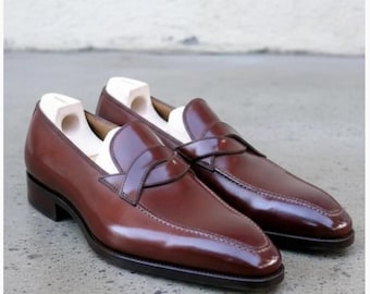 Men's brown leather penny loafers, handmade  slip-on dress shoes