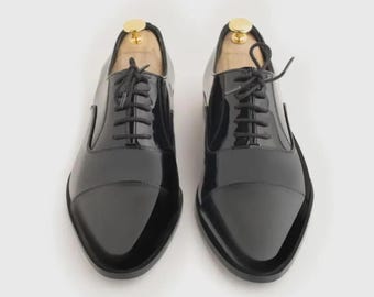 Handmade Patent Leather Oxford Shoes: Black Glossy Wholecut Dress Shoes