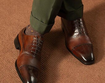 Herren-Oxford-Brogue-Schuhe aus burgunderrotem Leder mit Kappe, elegante Hochzeitsschuhe