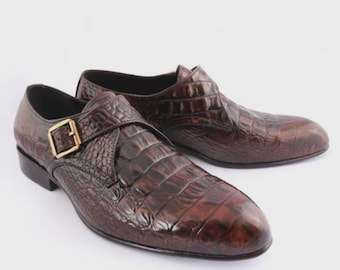 Handgefertigte schwarze Alligator Krokodil Herren Leder Single Monk Strap Dress Schuhe
