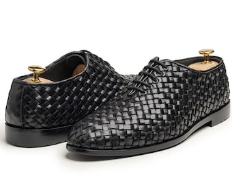 Handwoven Black Leather Oxford Shoes for Men – Elegant Braided Lace-Up Dress Shoes