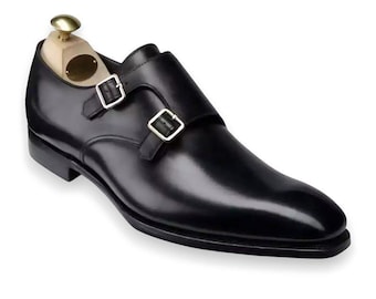 Handmade Black Leather Double Monk Strap Shoes – Men’s Formal Dress Shoes
