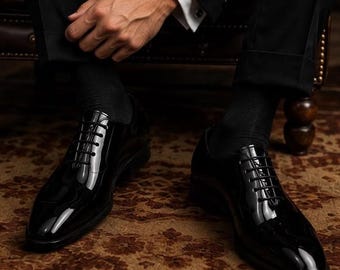 Men’s patent leather wholecut oxfords, handmade tuxedo wedding shoes