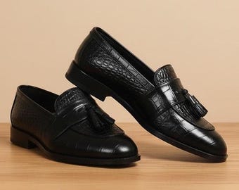 Handmade Crocodile Embossed Leather Tasseled Loafers