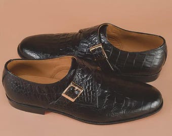 Herren Handgefertigte schwarze Alligator Krokodil Leder Single Monk Strap Dress Schuhe