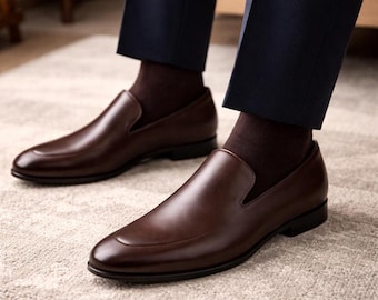 Handmade Men's Brown Leather Slip On Loafers Dress Shoes Elegant Formal Shoes