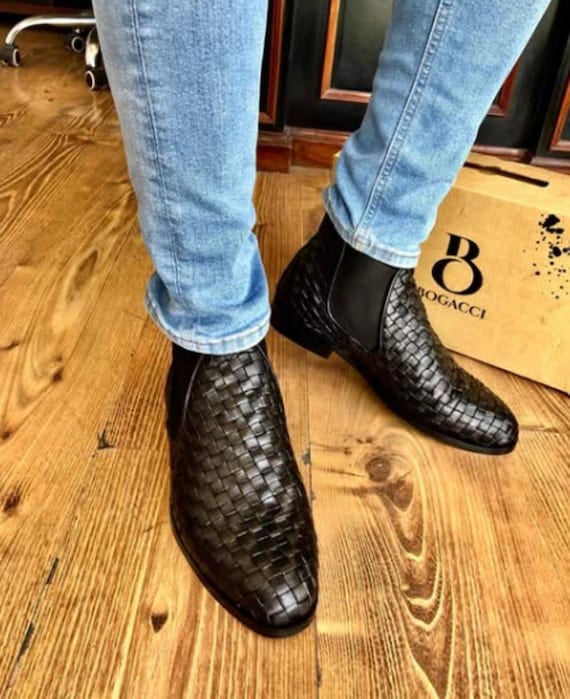 Handmade Woven Leather Chelsea Boots: Stylish Men's Ankle Boots