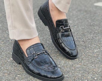 Handmade Black Croco Moccasin – Men’s Formal Leather Dress Loafer Shoes