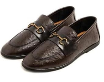 Handmade Brown Ostrich Leather Horsebit Loafers – Men's Elegant Dress Shoes