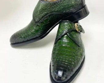 Handgemaakte groene croco herenschoenen, leren kantoorschoenen met gesp voor heren