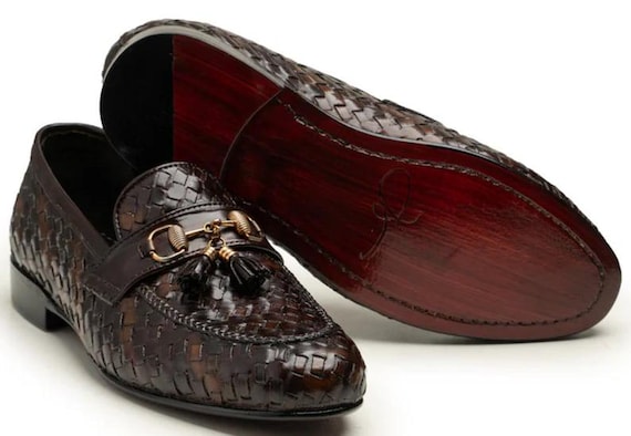 Handmade mens  Woven Leather Loafers for Men – Brown Horsebit Tassel Slip-On Shoes